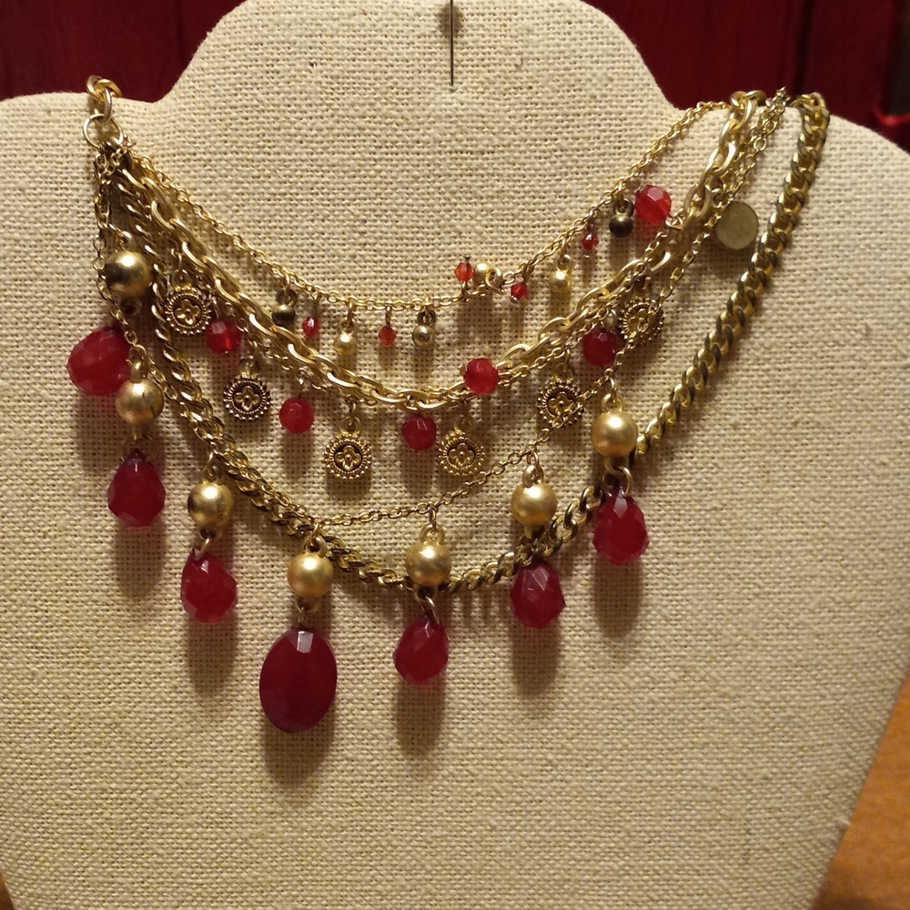 George Gold and Red Layered Necklace